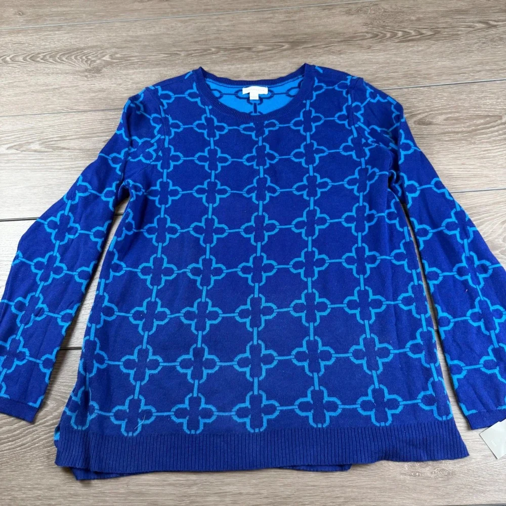 Charter Club Womens Sweater Jacquard Quatrefoil Lapis Blue L